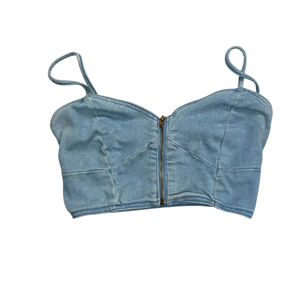 Bongo Crop Top Womens XS Blue Acid Wash Denim Zip Front Bustier Bralette